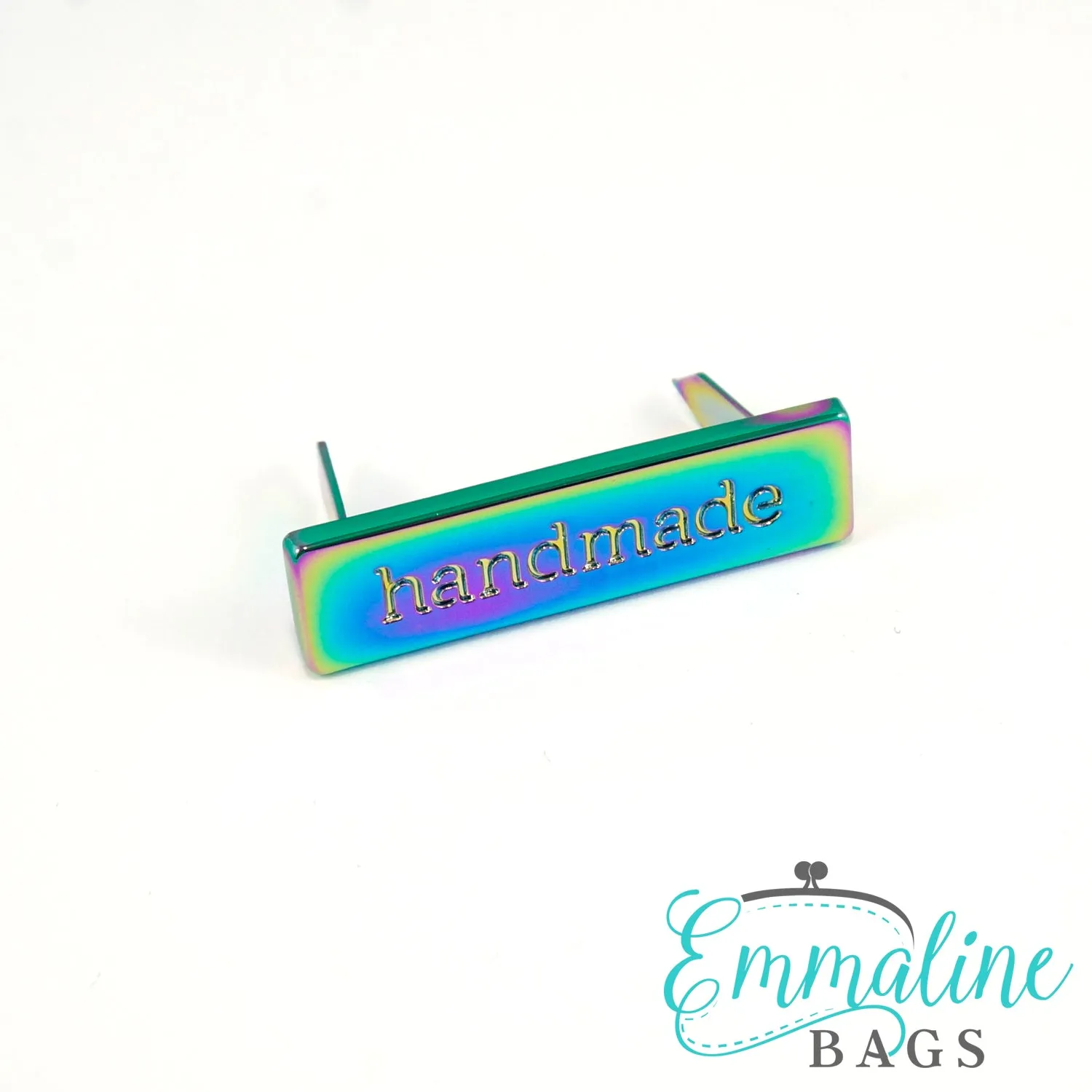 Metal Bag Label: "handmade" in Iridescent Rainbow Finish