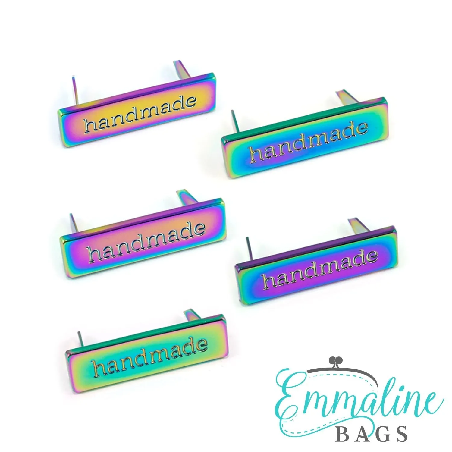 Metal Bag Label: "handmade" in Iridescent Rainbow Finish