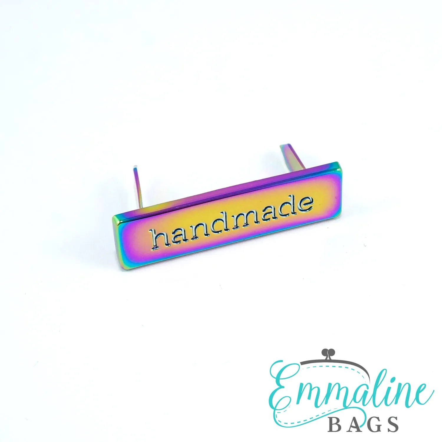 Metal Bag Label: "handmade" in Iridescent Rainbow Finish