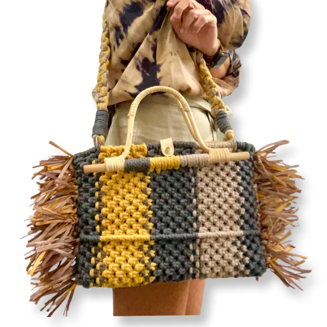 Mina - Handcarry Tote with Rattan Handles & Raffia Tassels