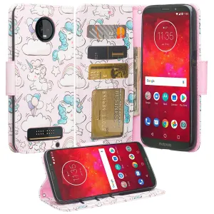 Motorola Moto Z3 Play Case, Moto Z3 Play Wallet Case, Wrist Strap Pu Leather Wallet Case [Kickstand] with ID & Credit Card Slots - Pink Unicorn