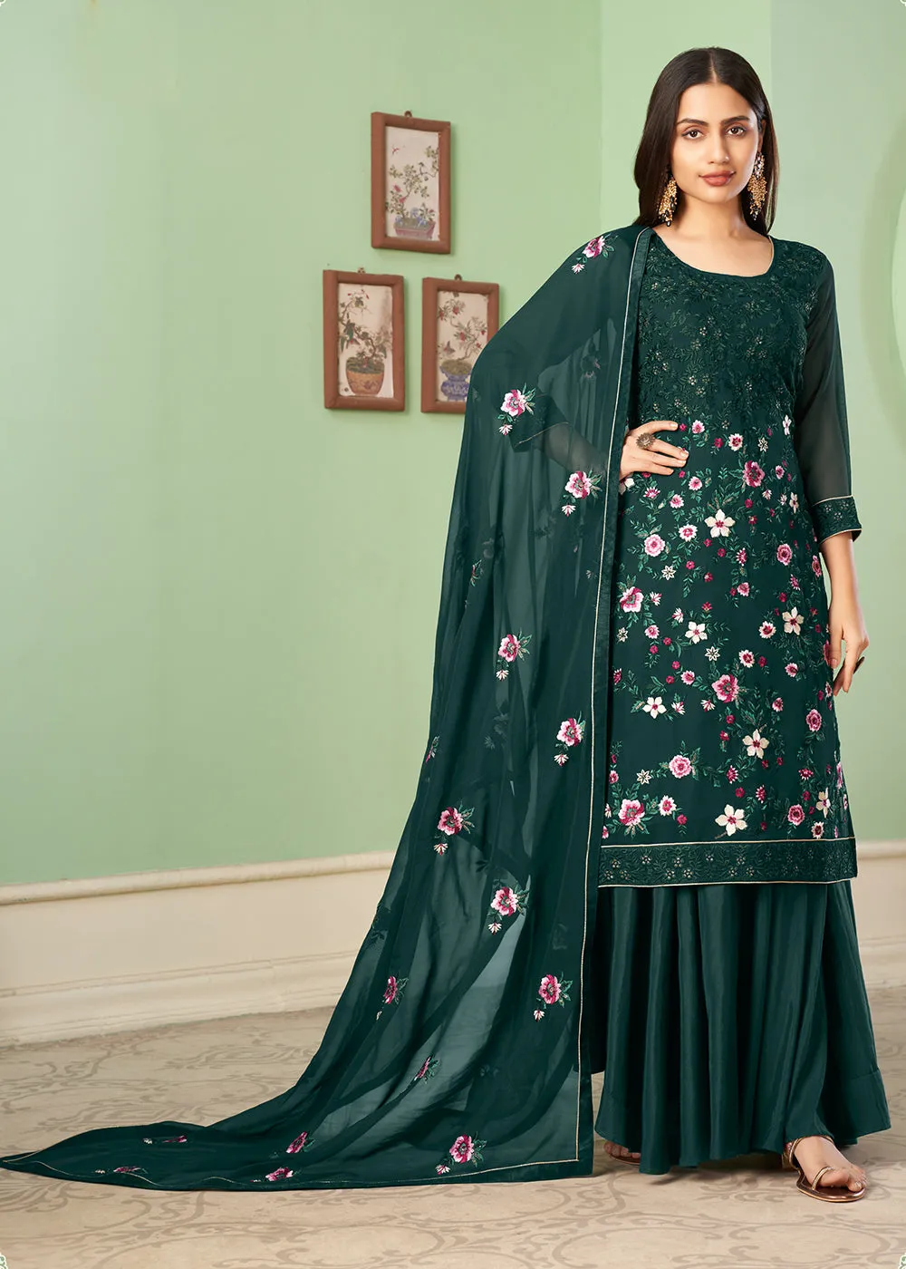 Multi Thread Ingenious Dark Green Georgette Palazzo Salwar Suit