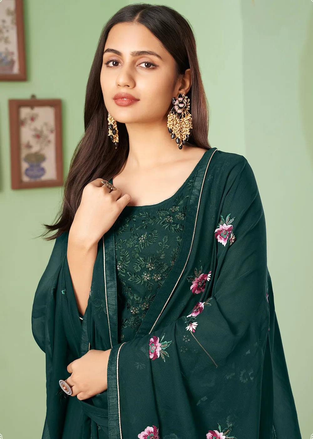 Multi Thread Ingenious Dark Green Georgette Palazzo Salwar Suit