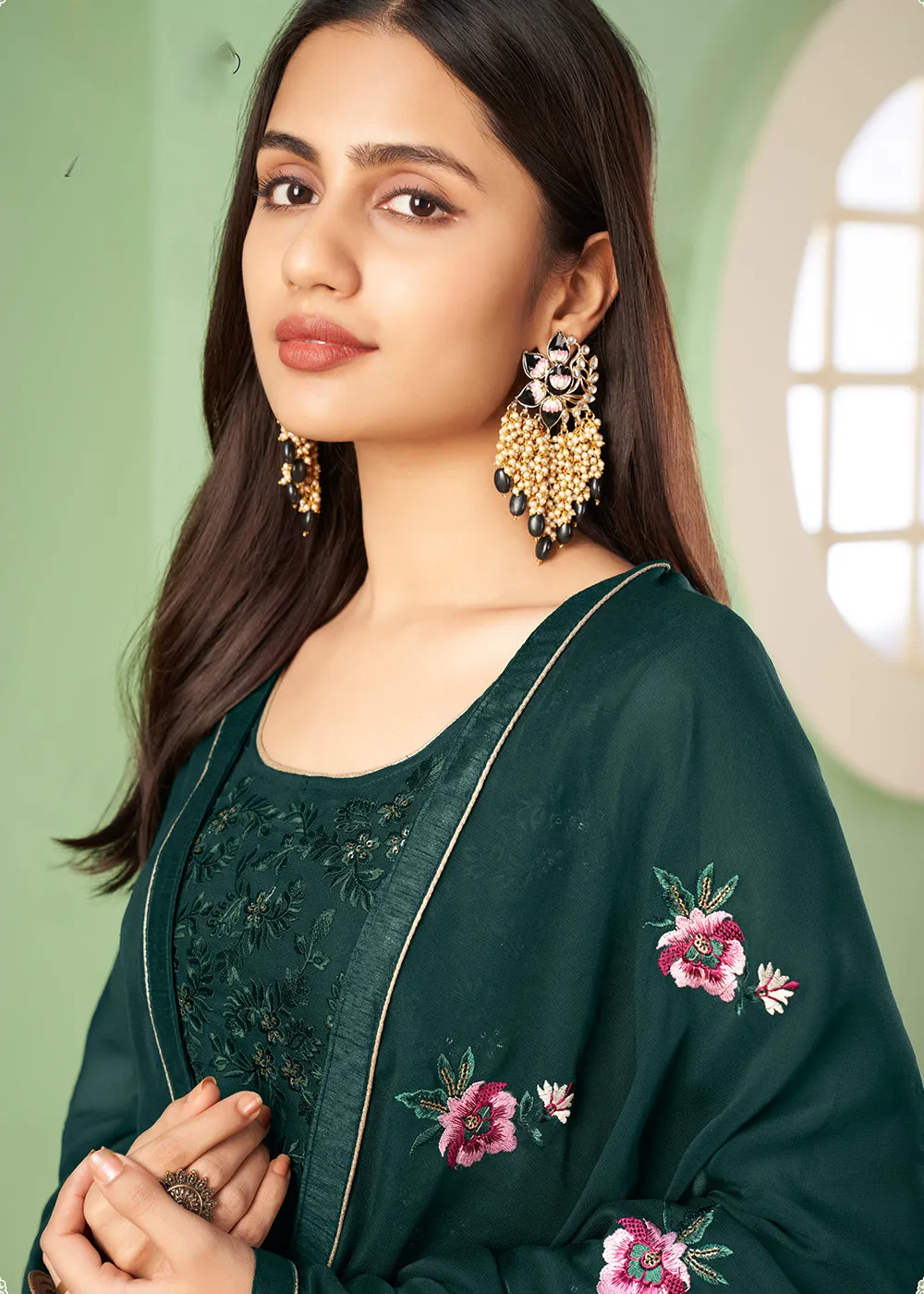 Multi Thread Ingenious Dark Green Georgette Palazzo Salwar Suit