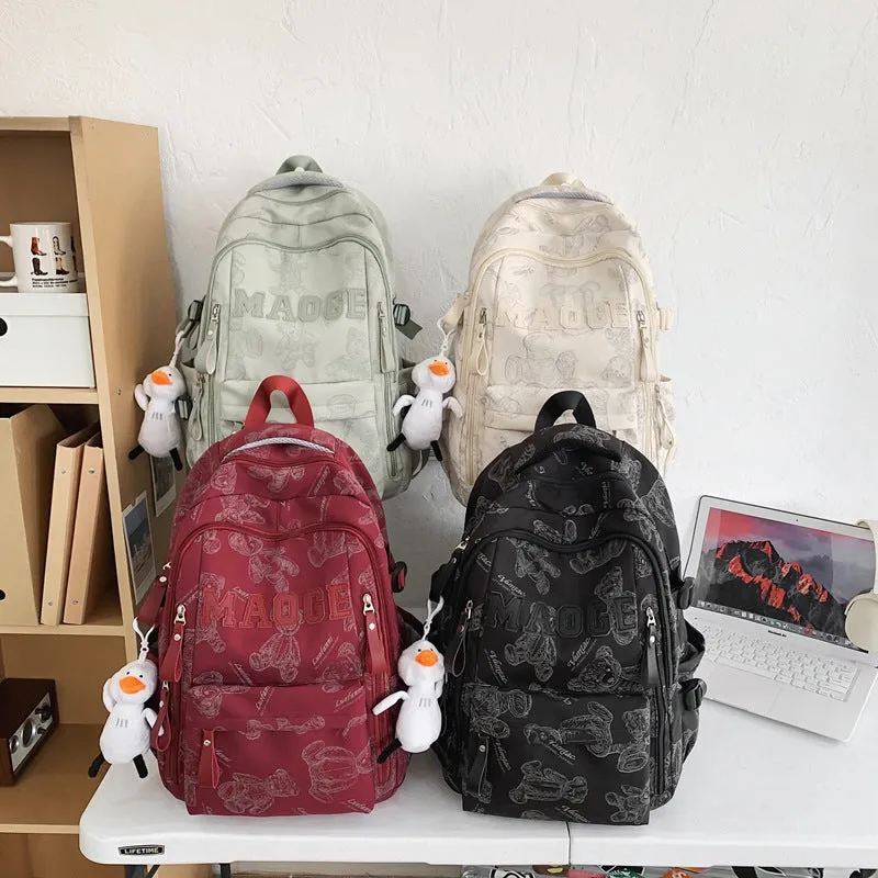 New Backpack Fashion Bear Printed Schoolbag NEWn Retro College Student Junior High School and College Student Backpack Wholesale