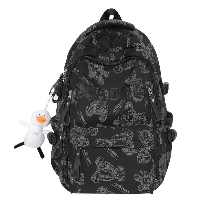 New Backpack Fashion Bear Printed Schoolbag NEWn Retro College Student Junior High School and College Student Backpack Wholesale