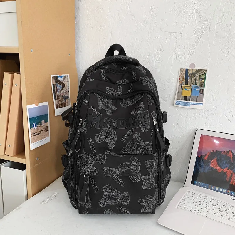 New Backpack Fashion Bear Printed Schoolbag NEWn Retro College Student Junior High School and College Student Backpack Wholesale