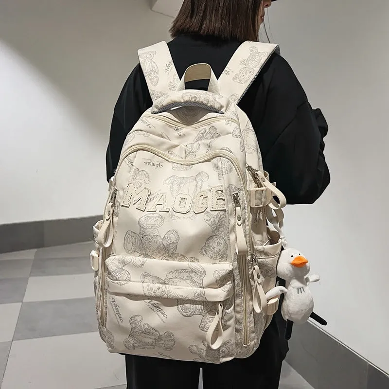 New Backpack Fashion Bear Printed Schoolbag NEWn Retro College Student Junior High School and College Student Backpack Wholesale