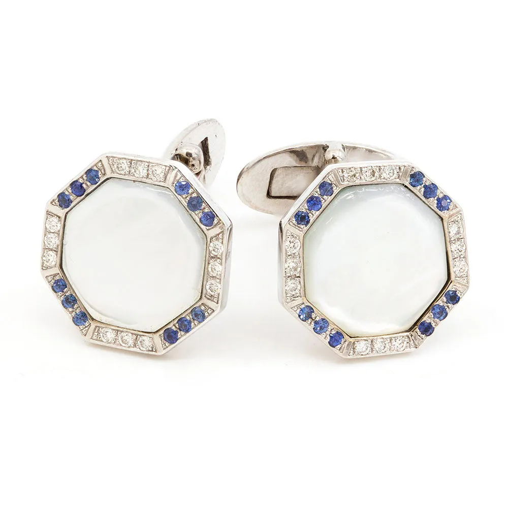 Octagonal Mother of Pearl Cufflinks with Diamonds & Sapphires