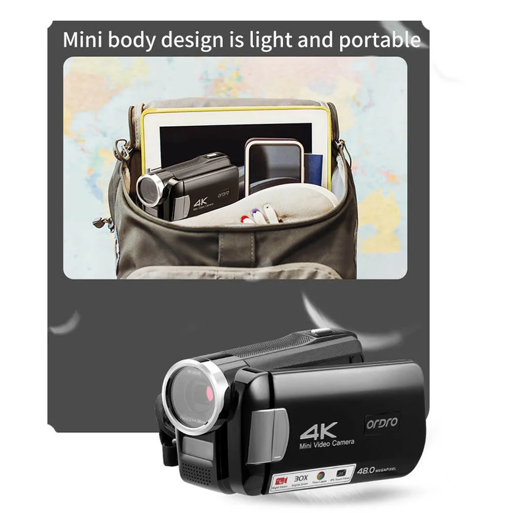 ORDRO AC2 4K Digital Video Camera Camcorder DV Recorder 48MP 30X Digital Zoom IR Night Vision 3.0 Inch IPS Touchscreen with Battery Remote Control Carry Bag