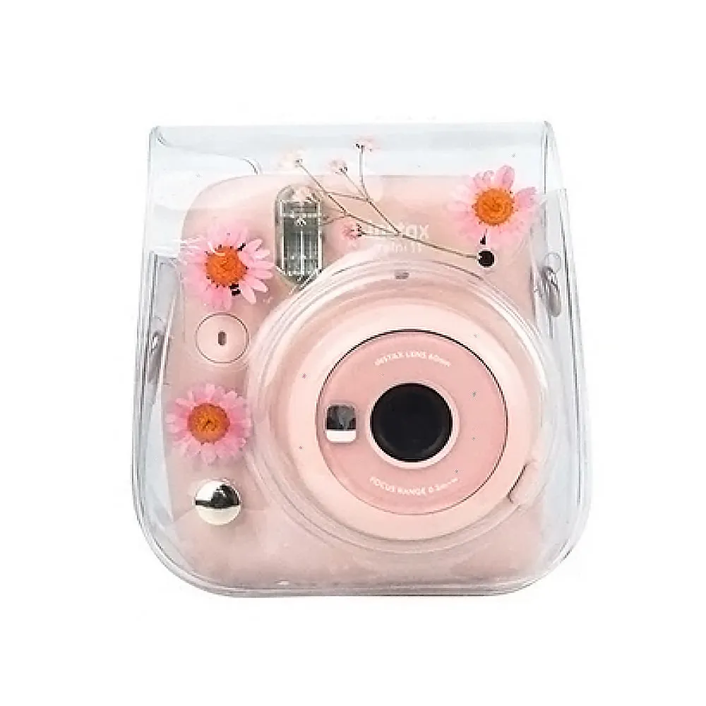 Pikxi Dried Daisy Flowers Clear Case with Sling Bag Type Strap for FUJIFILM Instax Mini 12 Instant Film Camera - Yellow, Pink, Blue, Purple