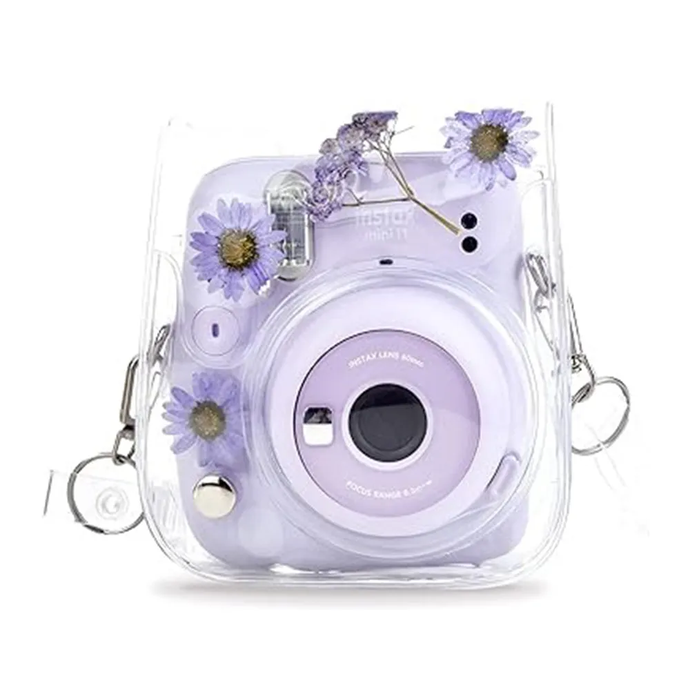 Pikxi Dried Daisy Flowers Clear Case with Sling Bag Type Strap for FUJIFILM Instax Mini 12 Instant Film Camera - Yellow, Pink, Blue, Purple