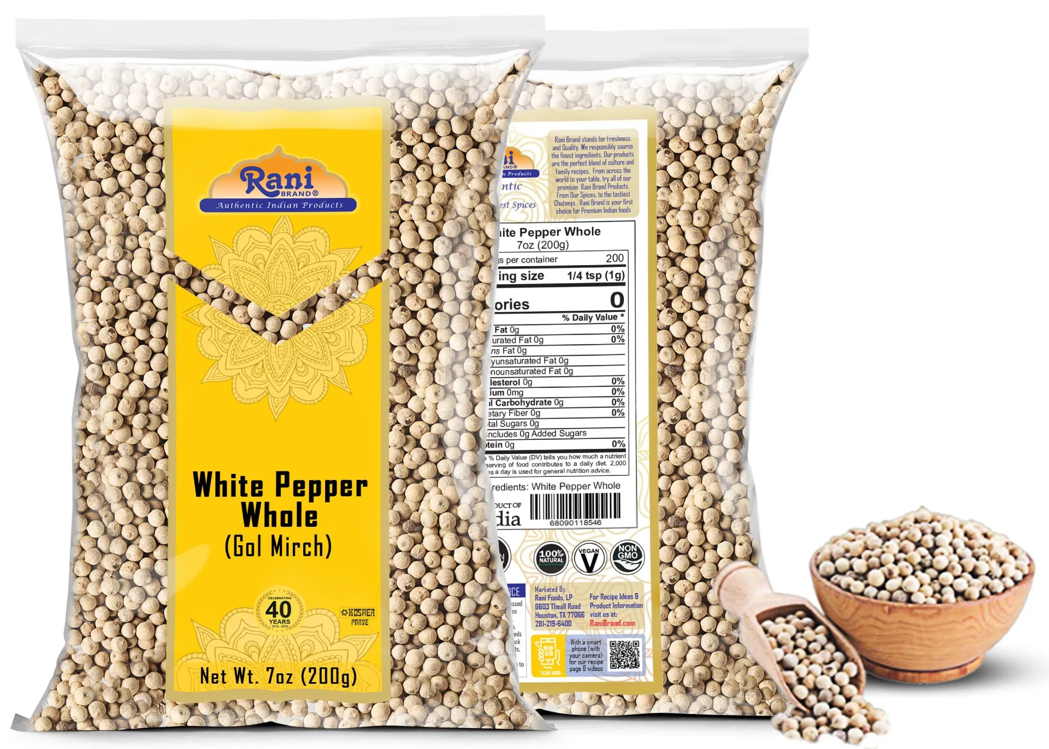 Rani White Pepper (GOL Mirch), Whole Spice 7oz (200g) ~ All Natural | Vegan | Gluten Friendly| Non-GMO | Indian Origin