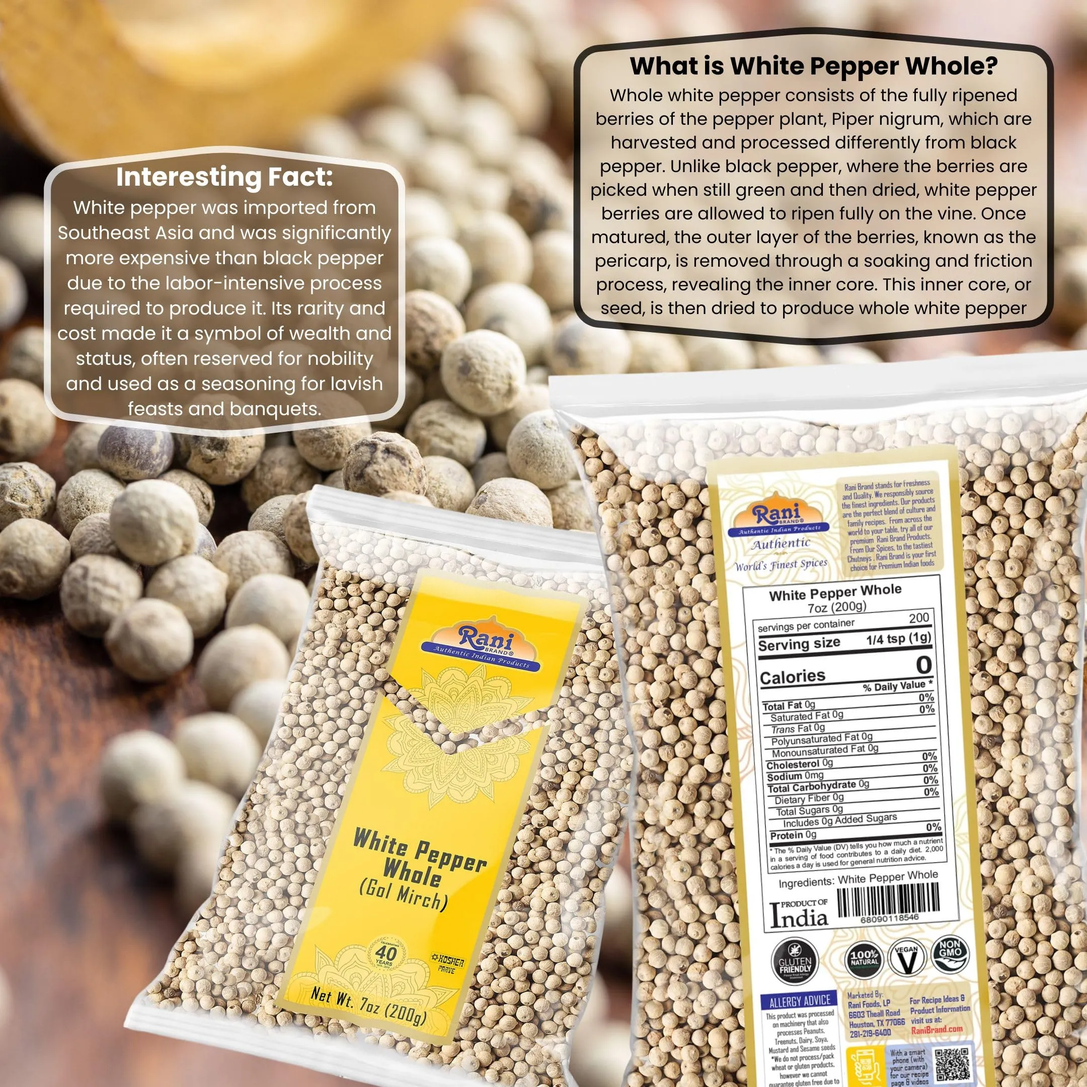 Rani White Pepper (GOL Mirch), Whole Spice 7oz (200g) ~ All Natural | Vegan | Gluten Friendly| Non-GMO | Indian Origin