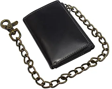 RFID Blocking Men's Tri-fold Vintage Biker Vintage Buffalo Leather Steel Chain Wallet Snap closure