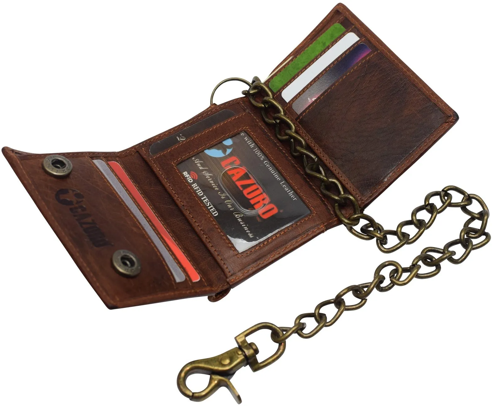 RFID Blocking Men's Tri-fold Vintage Biker Vintage Buffalo Leather Steel Chain Wallet Snap closure