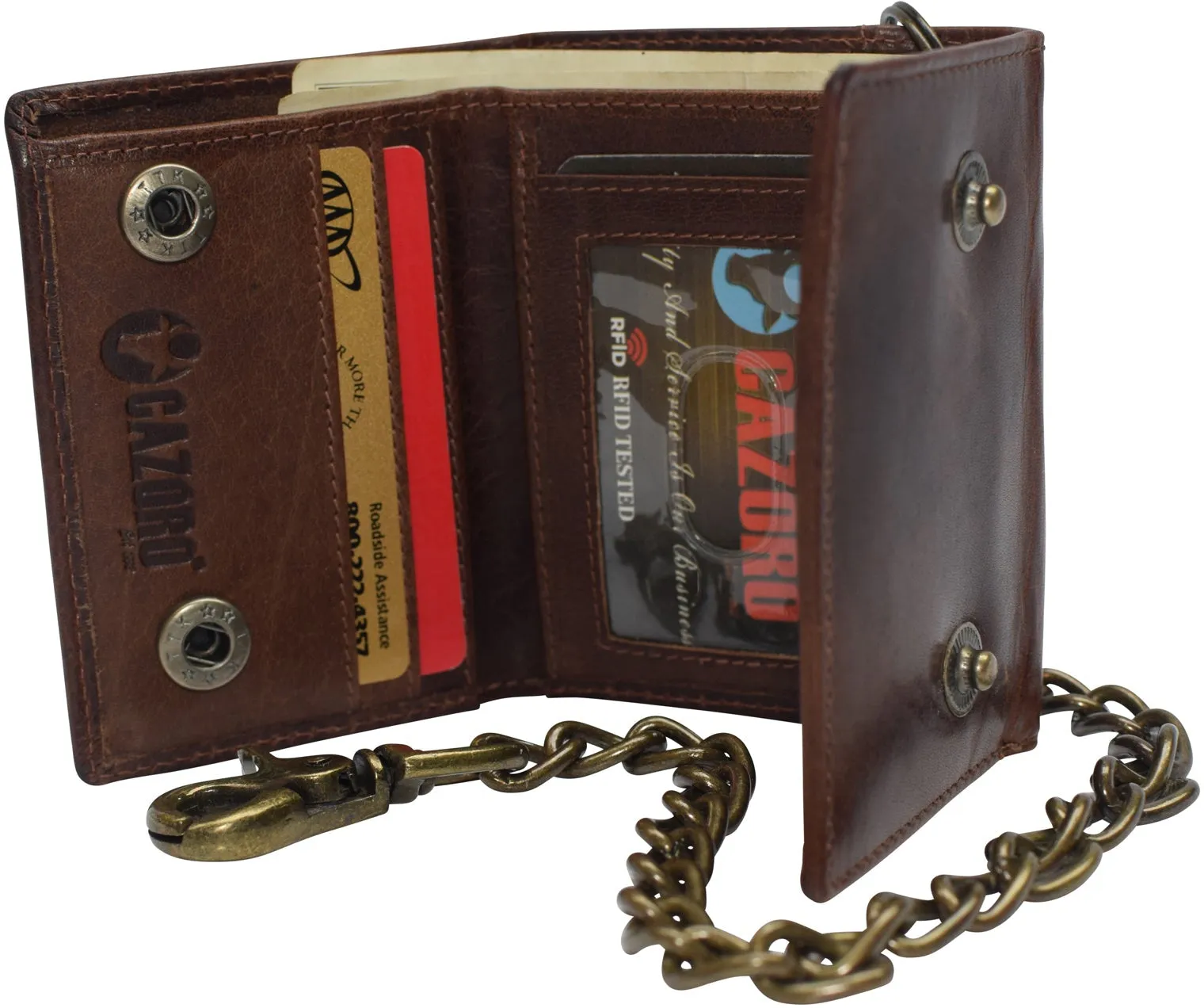 RFID Blocking Men's Tri-fold Vintage Biker Vintage Buffalo Leather Steel Chain Wallet Snap closure