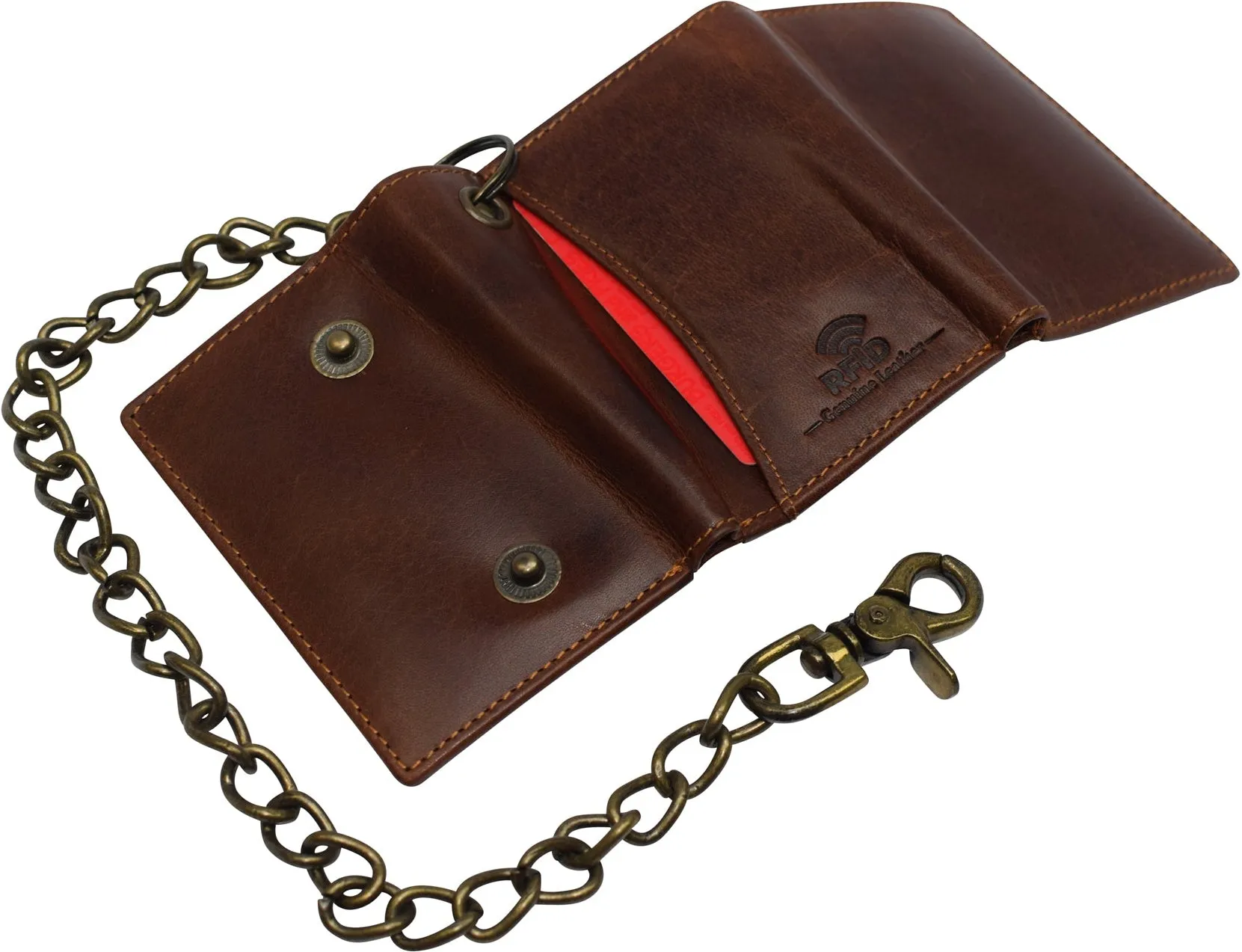 RFID Blocking Men's Tri-fold Vintage Biker Vintage Buffalo Leather Steel Chain Wallet Snap closure