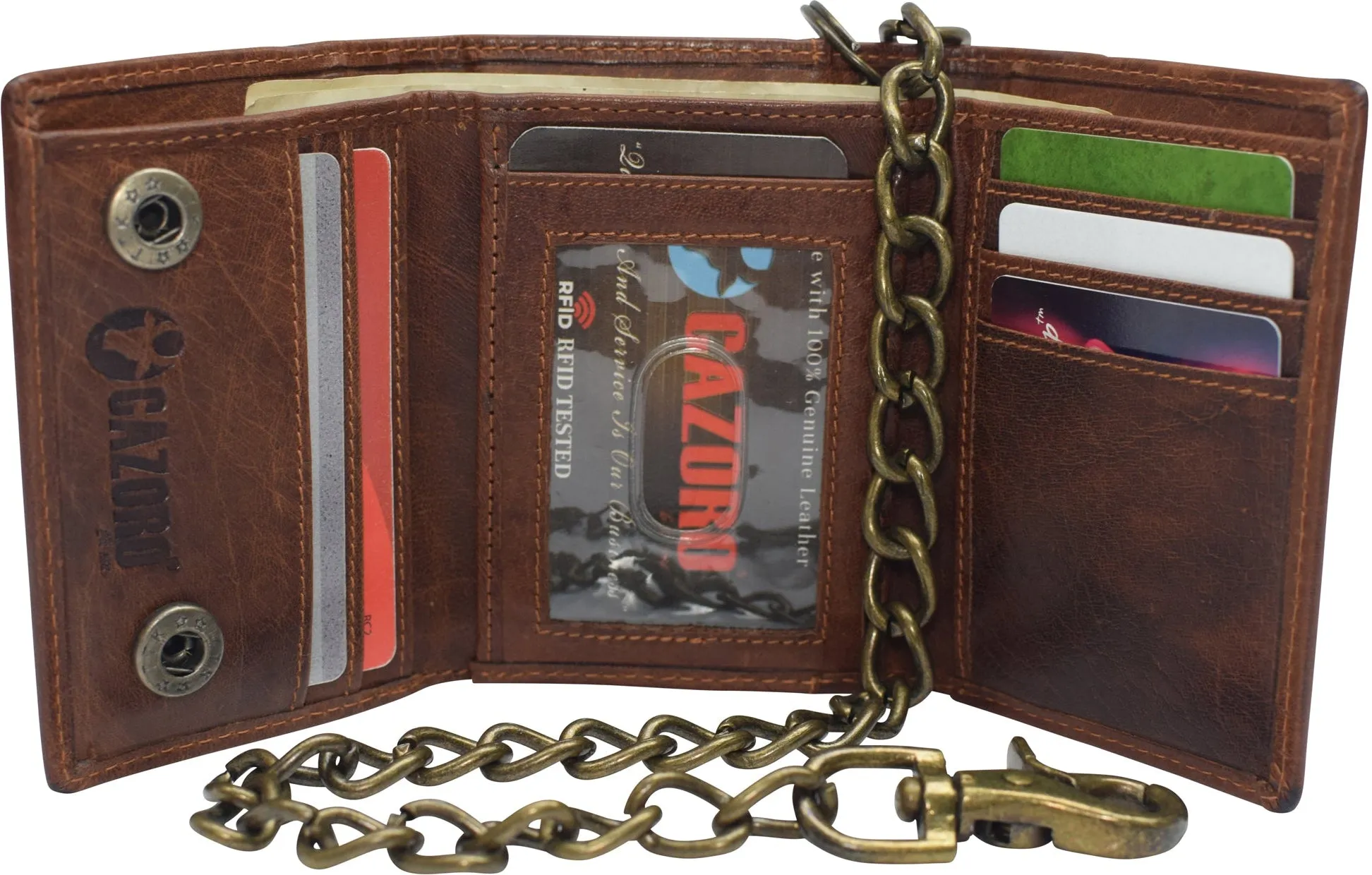 RFID Blocking Men's Tri-fold Vintage Biker Vintage Buffalo Leather Steel Chain Wallet Snap closure