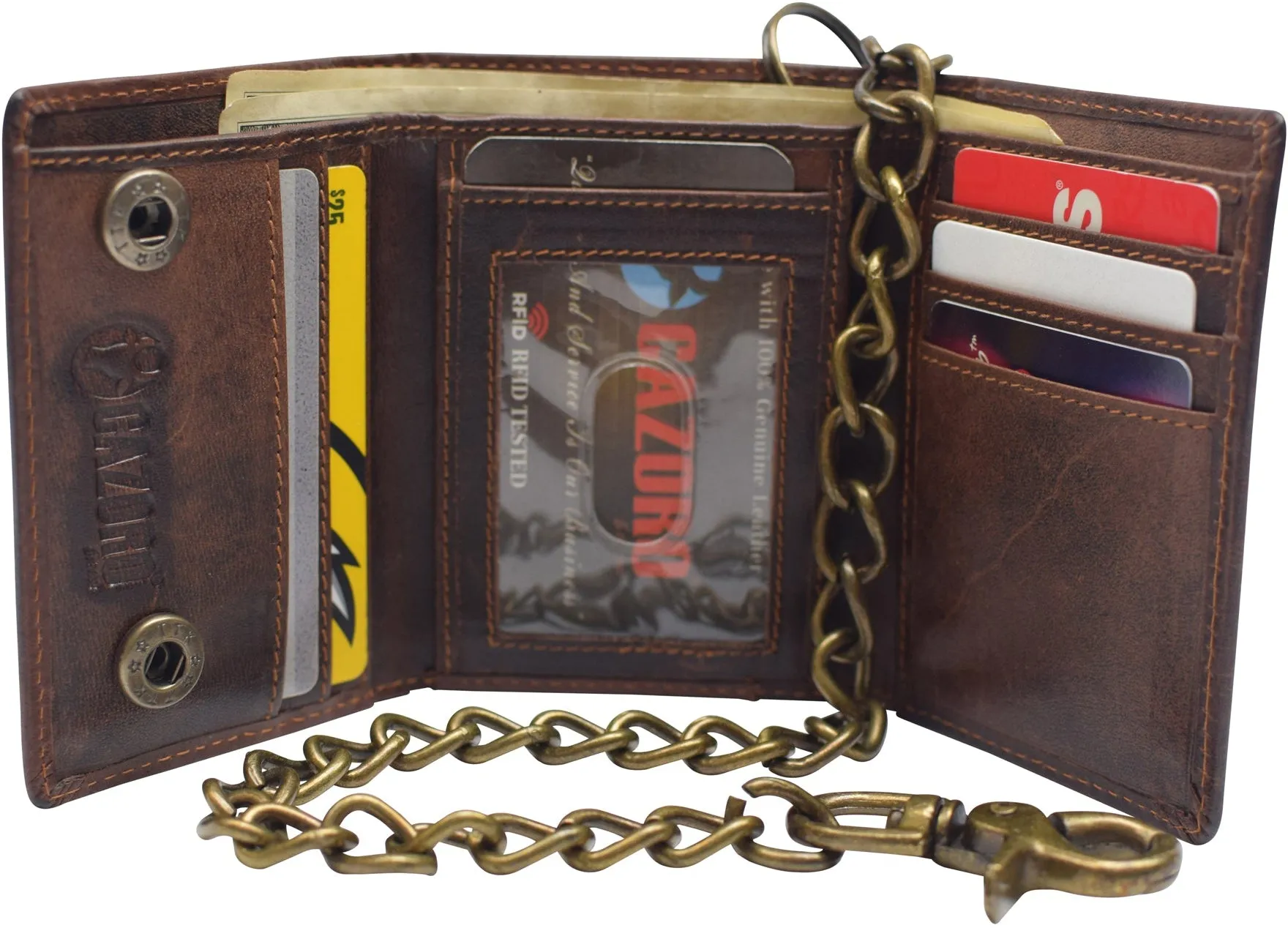 RFID Blocking Men's Tri-fold Vintage Biker Vintage Buffalo Leather Steel Chain Wallet Snap closure