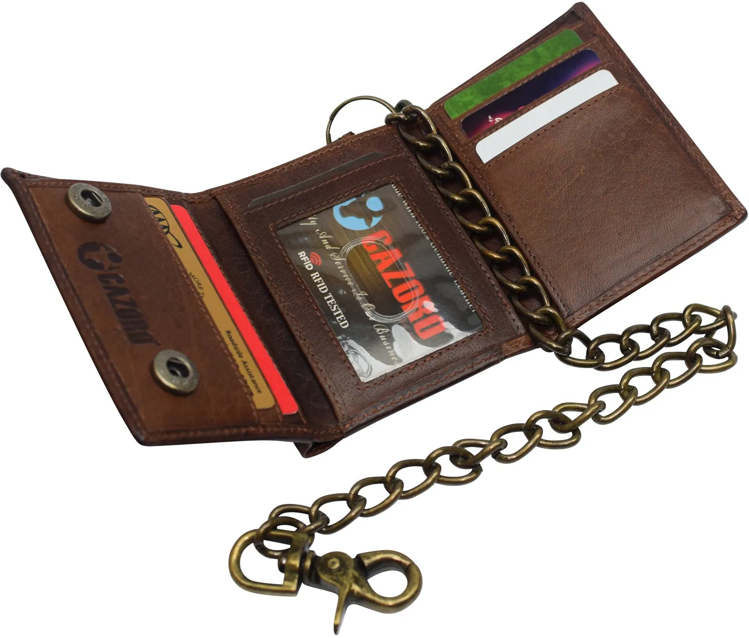 RFID Blocking Men's Tri-fold Vintage Biker Vintage Buffalo Leather Steel Chain Wallet Snap closure