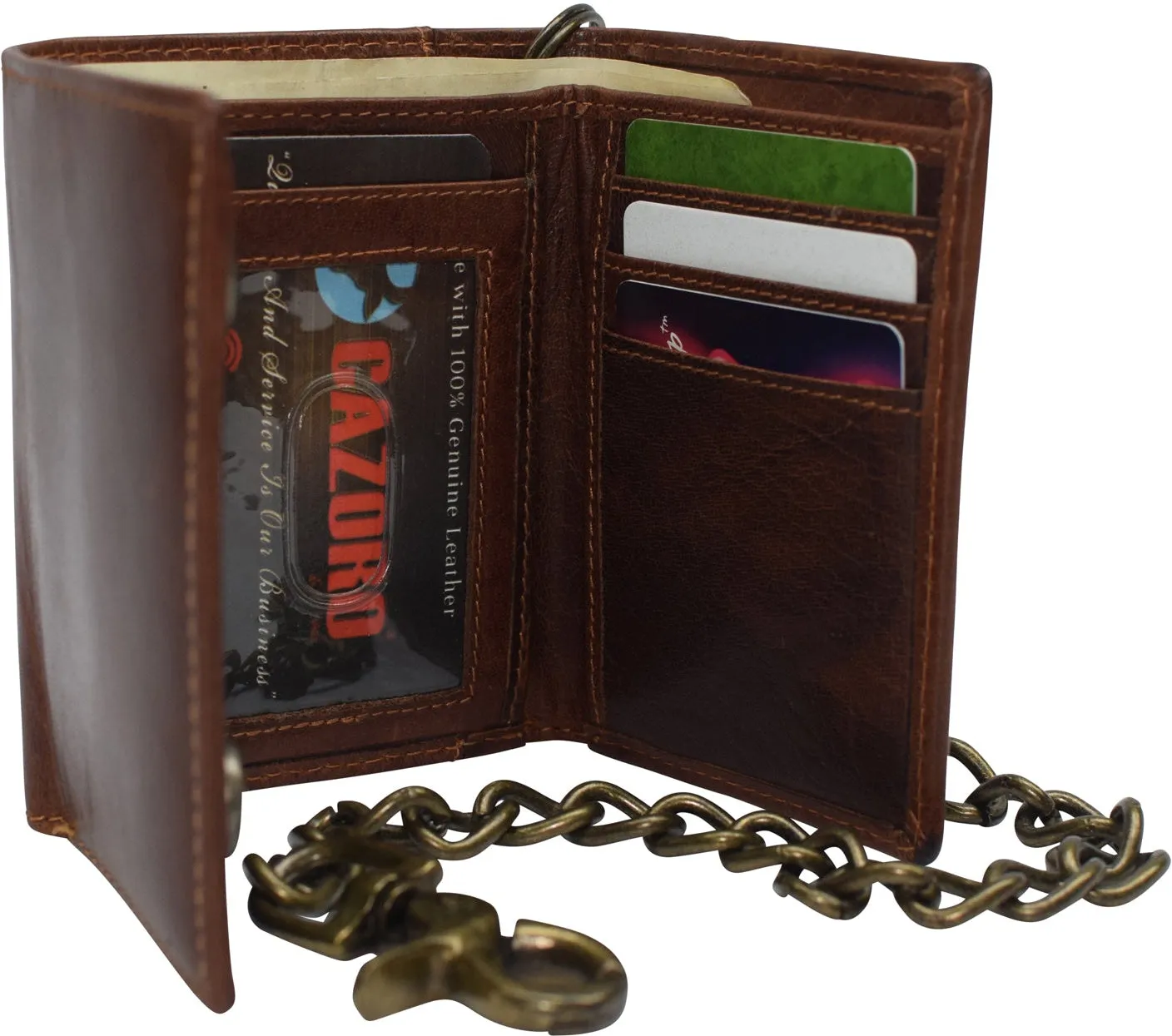 RFID Blocking Men's Tri-fold Vintage Biker Vintage Buffalo Leather Steel Chain Wallet Snap closure