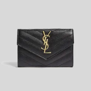 SAINT LAURENT YSL Cassandre Matelasse Small Envelope Wallet In Grain De Poudre Embossed Leather Black 414404BOW01