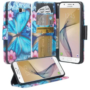 Samsung Galaxy J7 Prime 2016, G610, Galaxy On7 Case, Wrist Strap Pu Leather Magnetic Flip [Kickstand] with Slots - Blue Butterfly