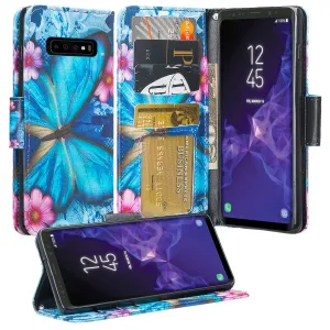 Samsung Galaxy S10 Plus Case, Galaxy S10  Wallet Case, Wrist Strap Pu Leather Wallet Case [Kickstand] with ID & Credit Card Slots - Blue Butterfly