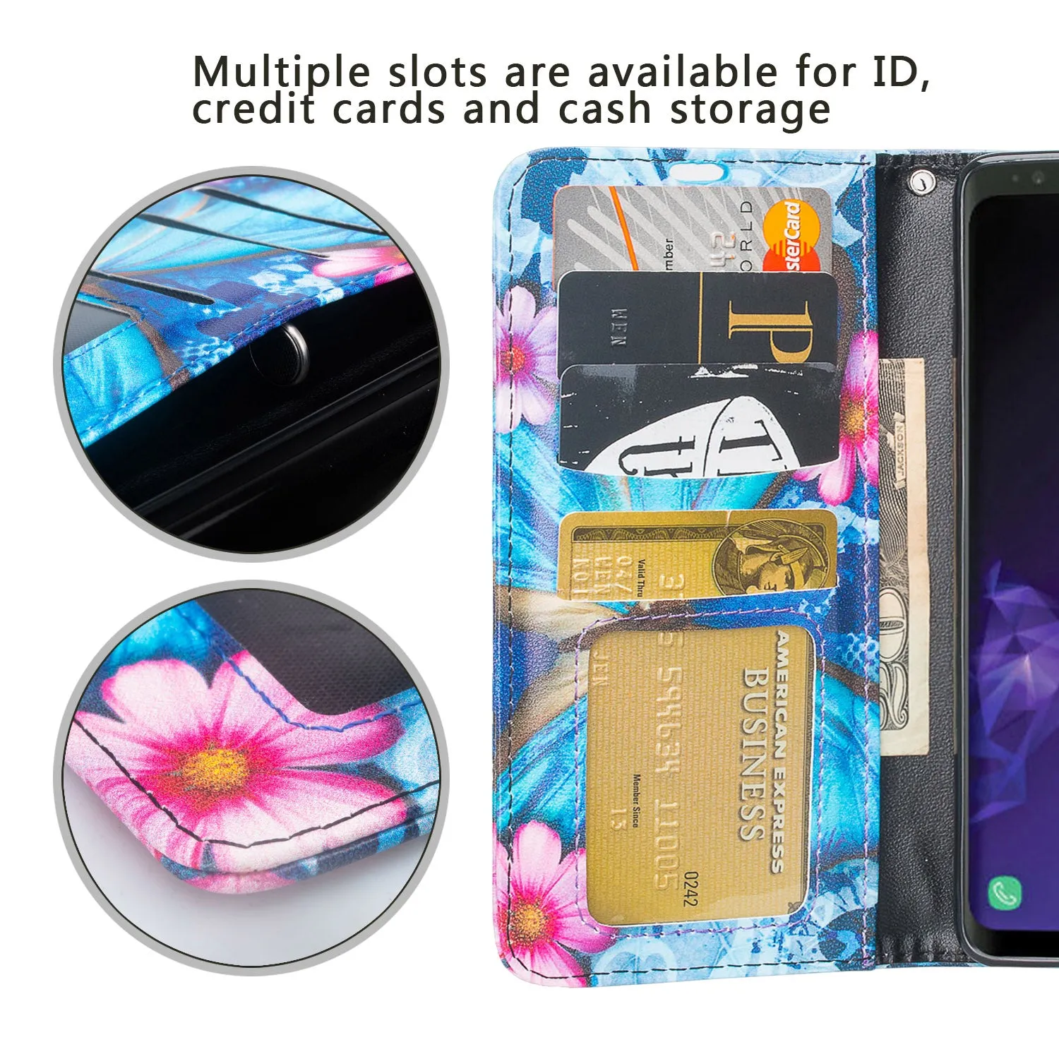 Samsung Galaxy S10 Plus Case, Galaxy S10  Wallet Case, Wrist Strap Pu Leather Wallet Case [Kickstand] with ID & Credit Card Slots - Blue Butterfly