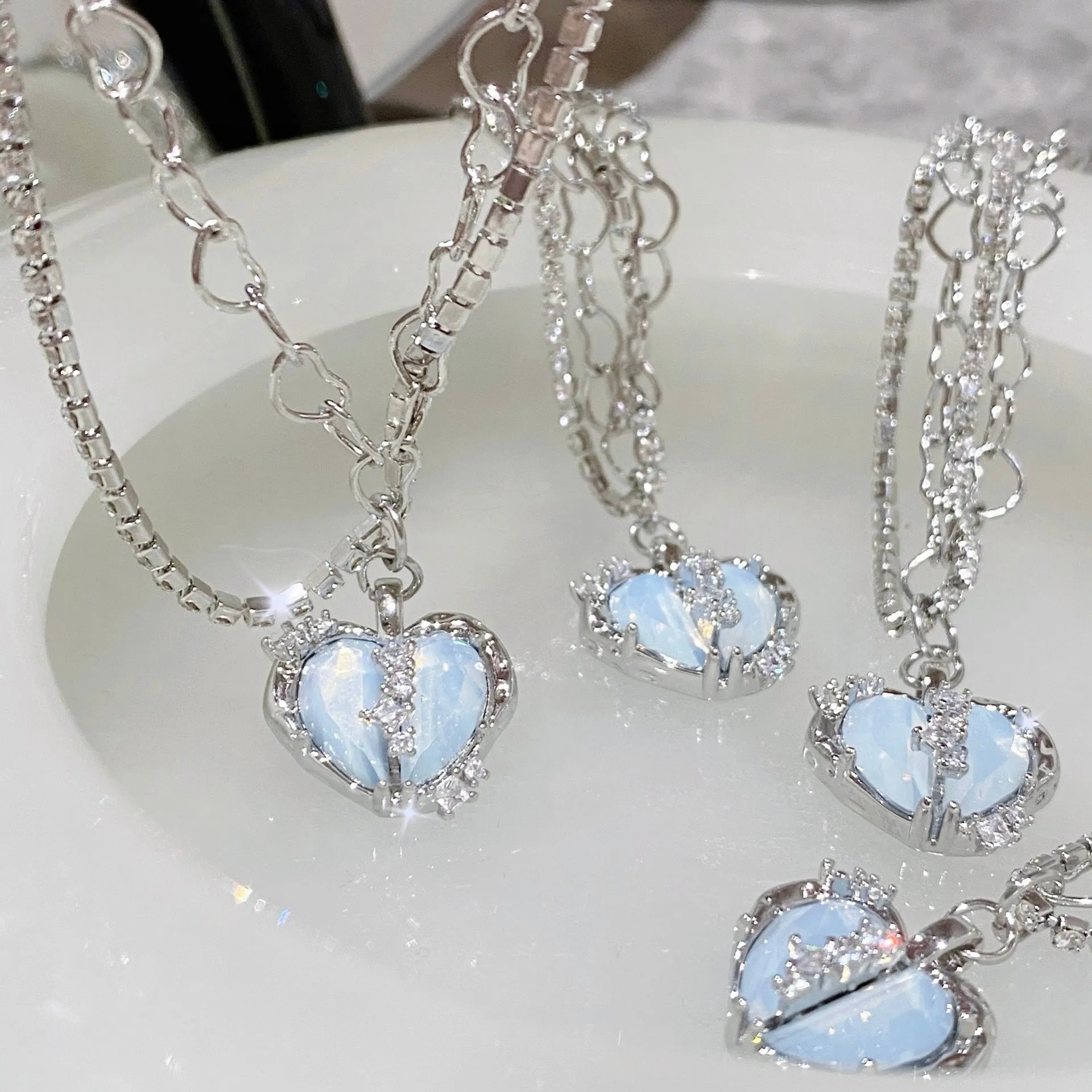 Sea Salt Silver Blue Heart Cystal Pendant Necklace