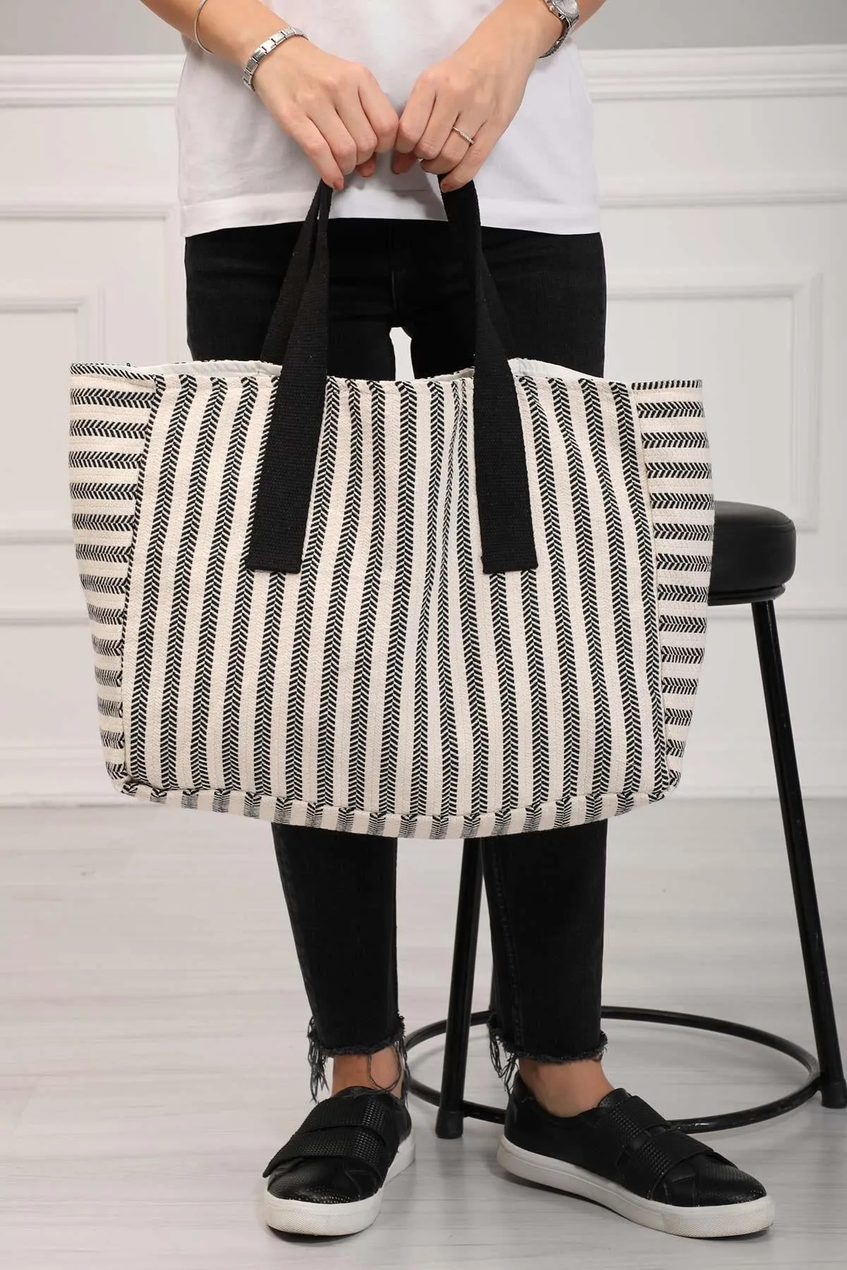 Striped Hand ShoulderTote Bag Casual Large Capacity Cotton Daily Travel Shopping Bag,C-18