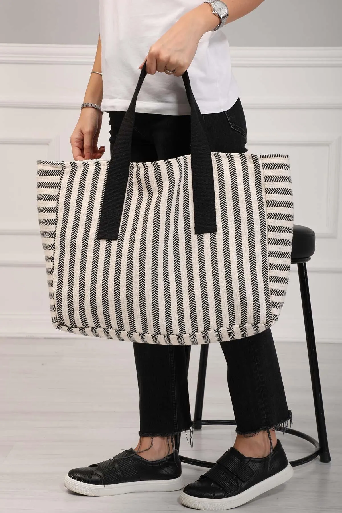 Striped Hand ShoulderTote Bag Casual Large Capacity Cotton Daily Travel Shopping Bag,C-18