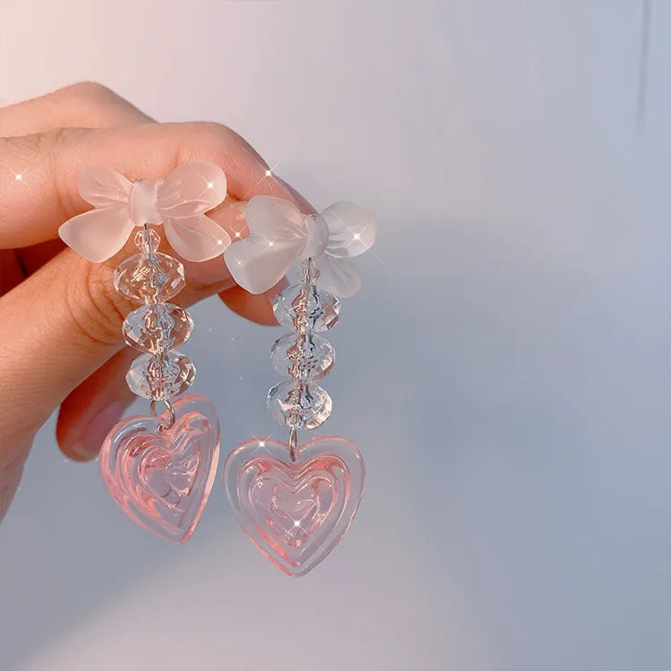 Sweet Baby Girl Heart Bow Crystal Earrings