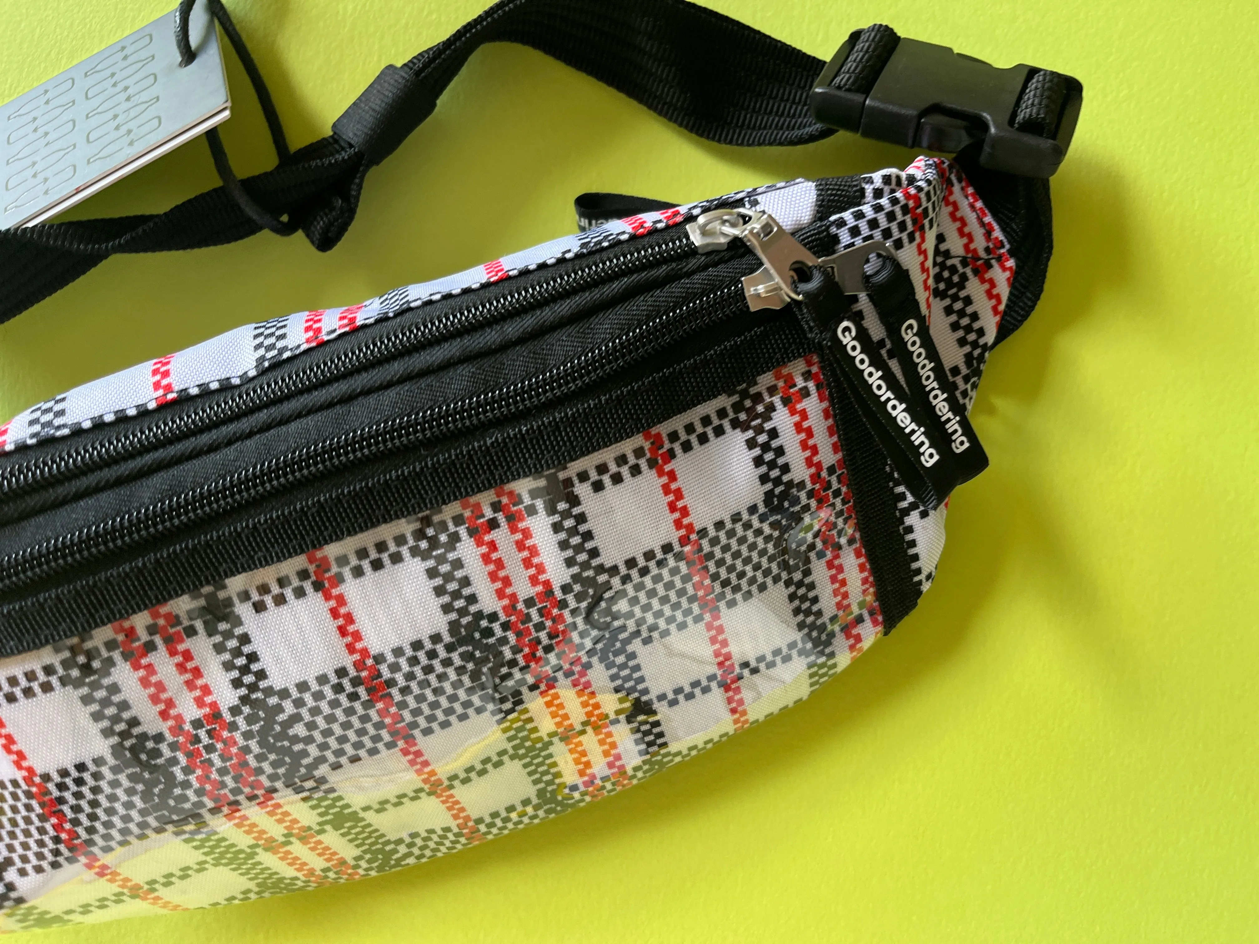 Tartan waist bag recycled nylon sling bag with clear pocket anti-theft