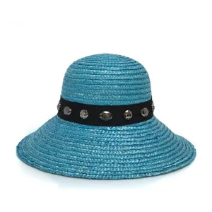 Turquoise Wheat Straw Downturn Wide Jeweled Brim Hat