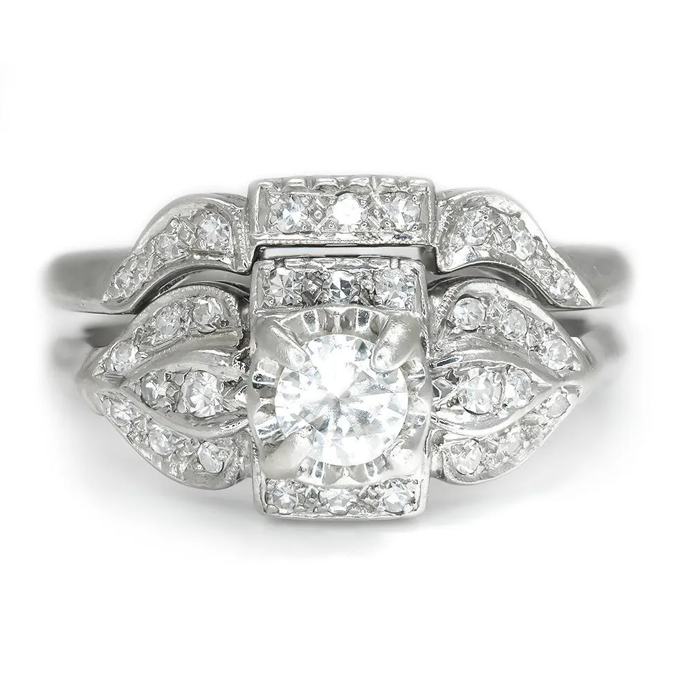 Vintage Round Diamond Engagement Ring Set 14K White Gold