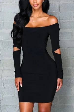 Wholesale Black Off The Shoulder Long Sleeve Plain Bodycon Mini Dress