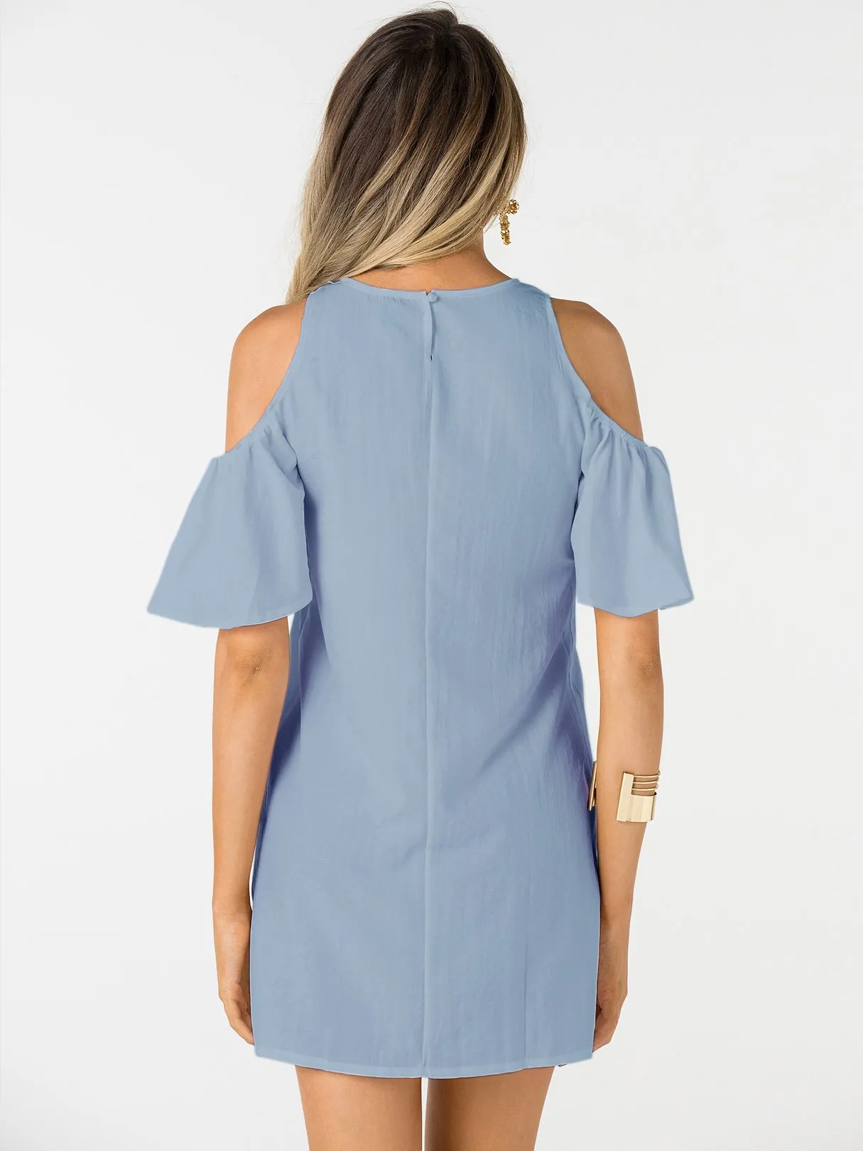 Wholesale Blue Round Neck Short Sleeve Plain Zip Back Mini Dress