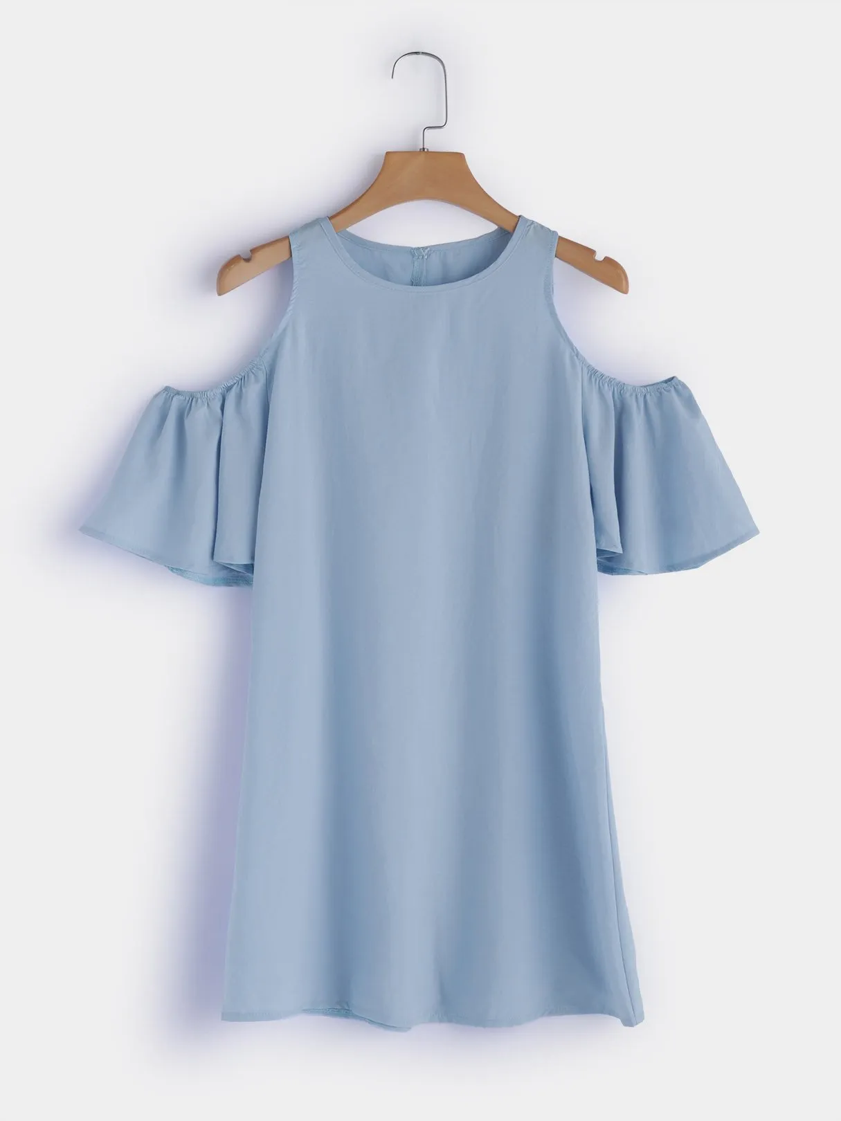 Wholesale Blue Round Neck Short Sleeve Plain Zip Back Mini Dress