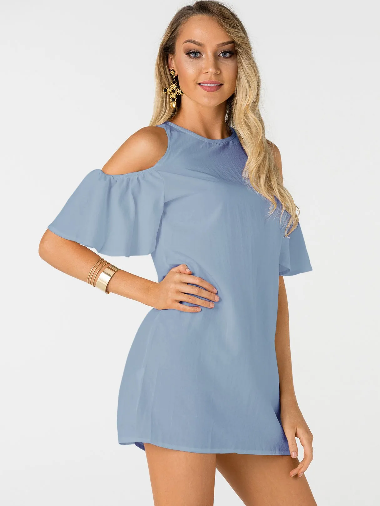 Wholesale Blue Round Neck Short Sleeve Plain Zip Back Mini Dress