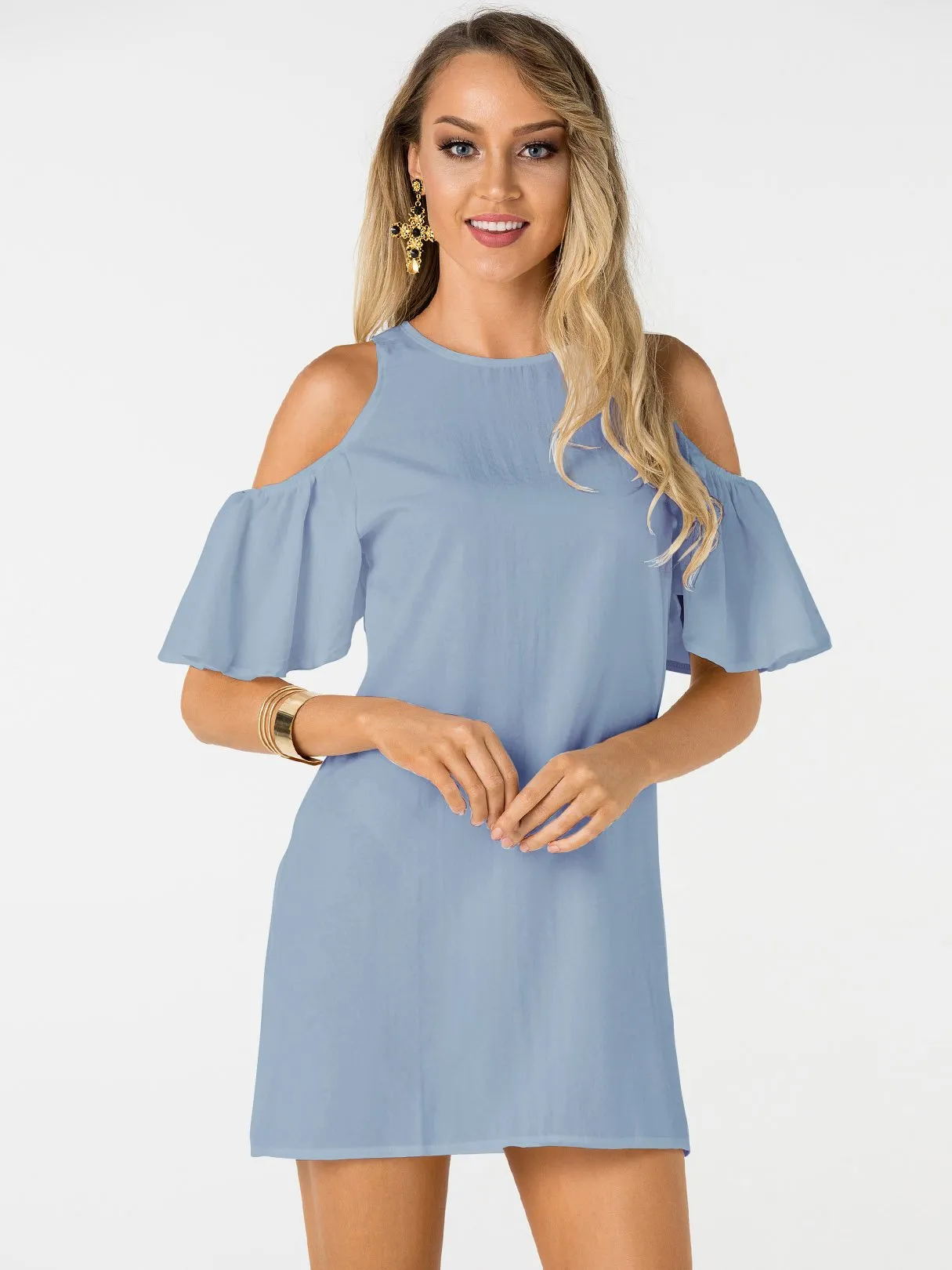 Wholesale Blue Round Neck Short Sleeve Plain Zip Back Mini Dress