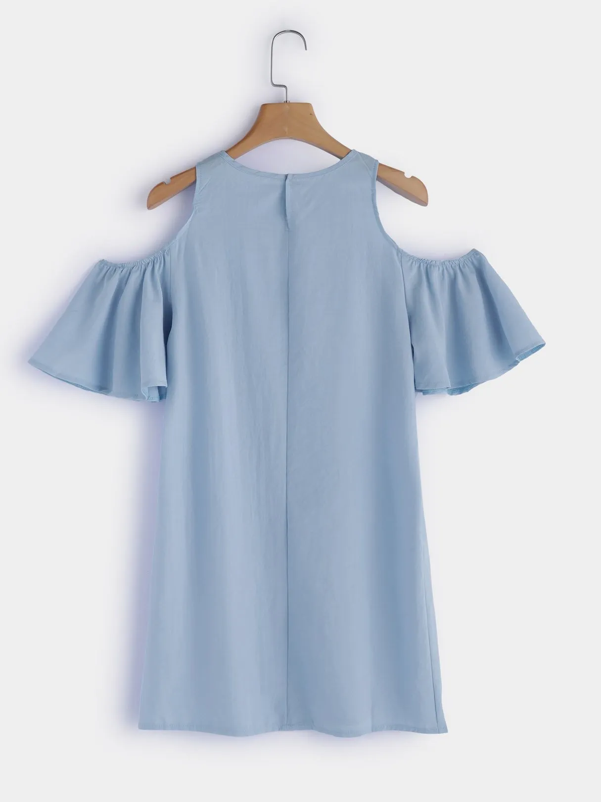 Wholesale Blue Round Neck Short Sleeve Plain Zip Back Mini Dress