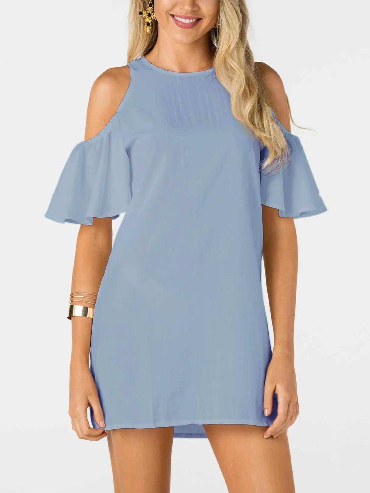 Wholesale Blue Round Neck Short Sleeve Plain Zip Back Mini Dress