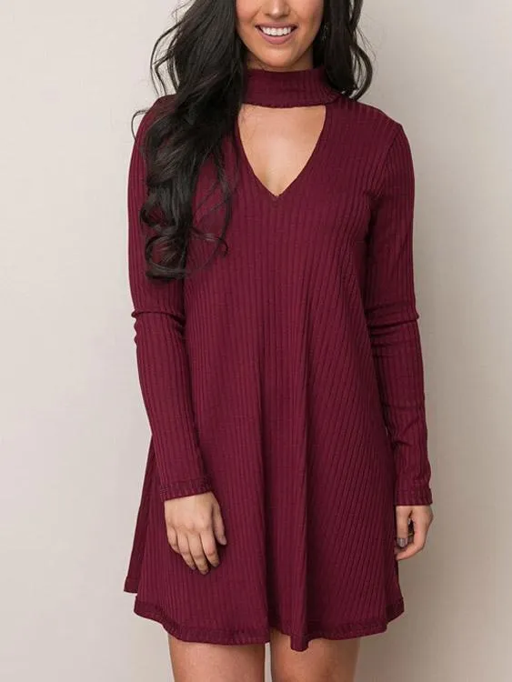 Wholesale Burgundy V-Neck Long Sleeve Plain Mini Dress