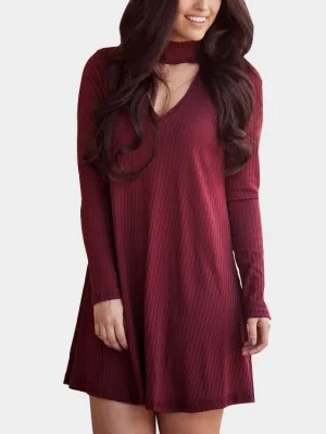 Wholesale Burgundy V-Neck Long Sleeve Plain Mini Dress