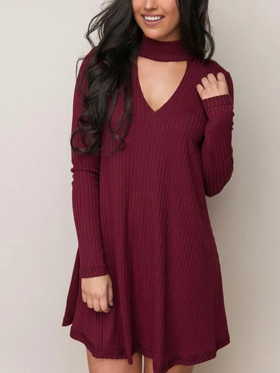 Wholesale Burgundy V-Neck Long Sleeve Plain Mini Dress