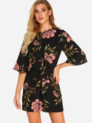 Wholesale Crew Neck Half Sleeve Floral Print Self-Tie Mini Dress