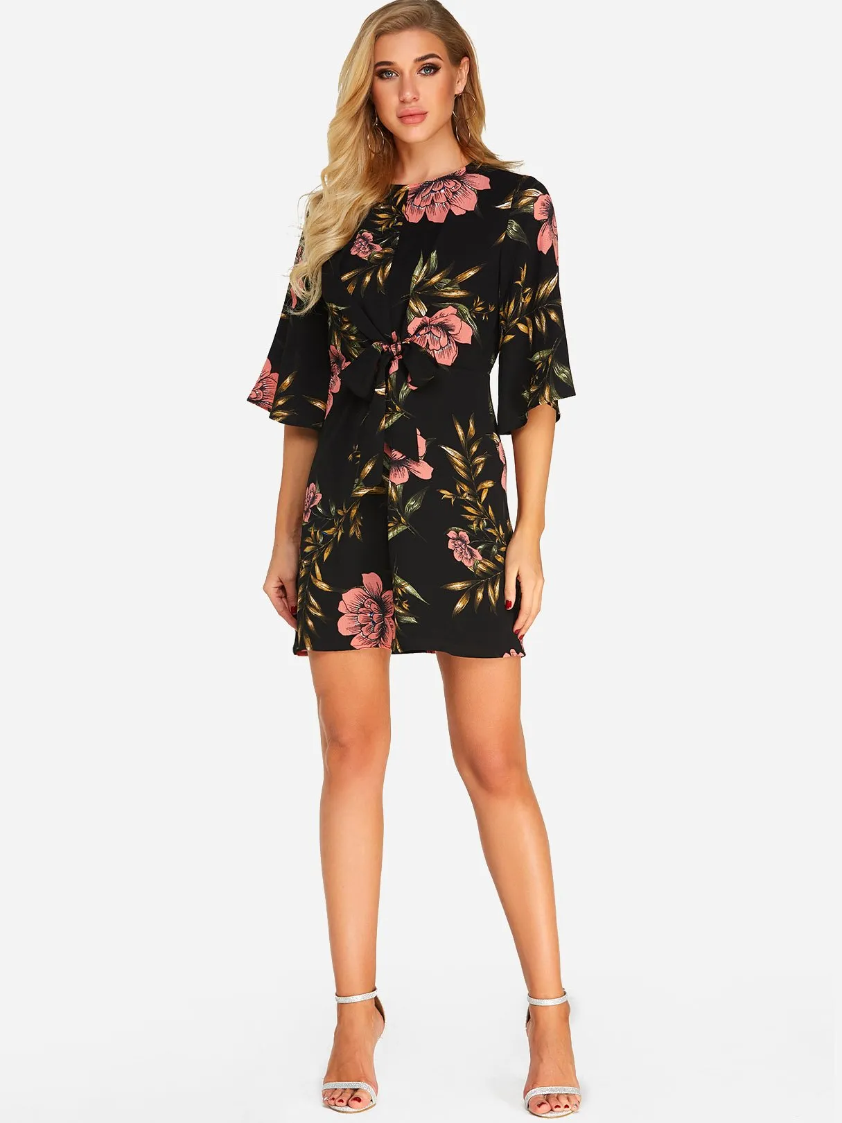 Wholesale Crew Neck Half Sleeve Floral Print Self-Tie Mini Dress