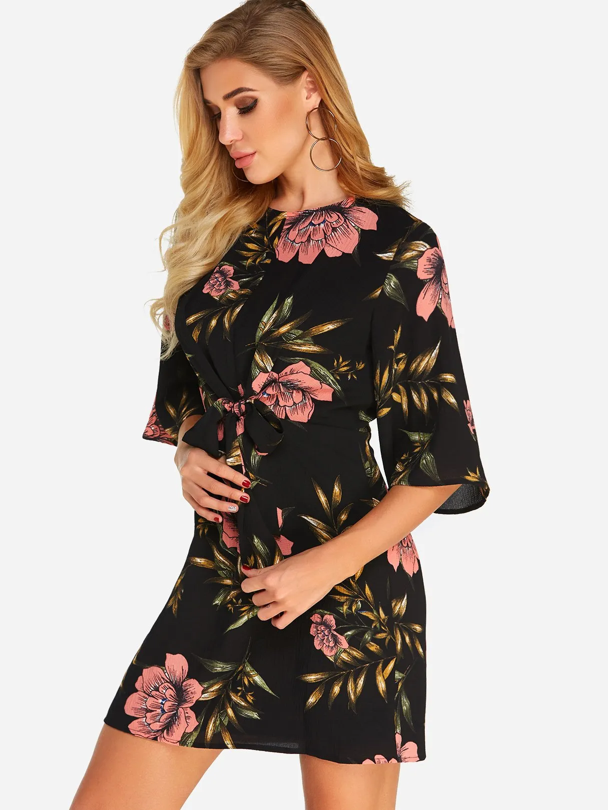 Wholesale Crew Neck Half Sleeve Floral Print Self-Tie Mini Dress